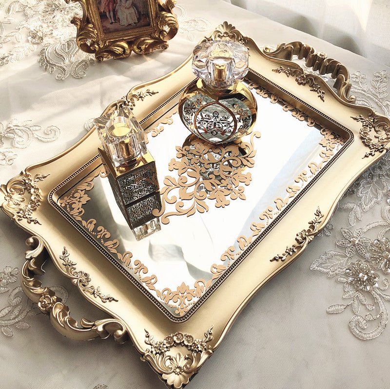 Old Golden Mirror Tray Perfume Jewelry Storage